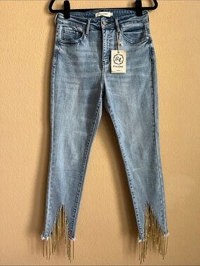 Grace & Emma Jeans with Gold Bling Chain Hem Fringe - Women's Size 8 NWT